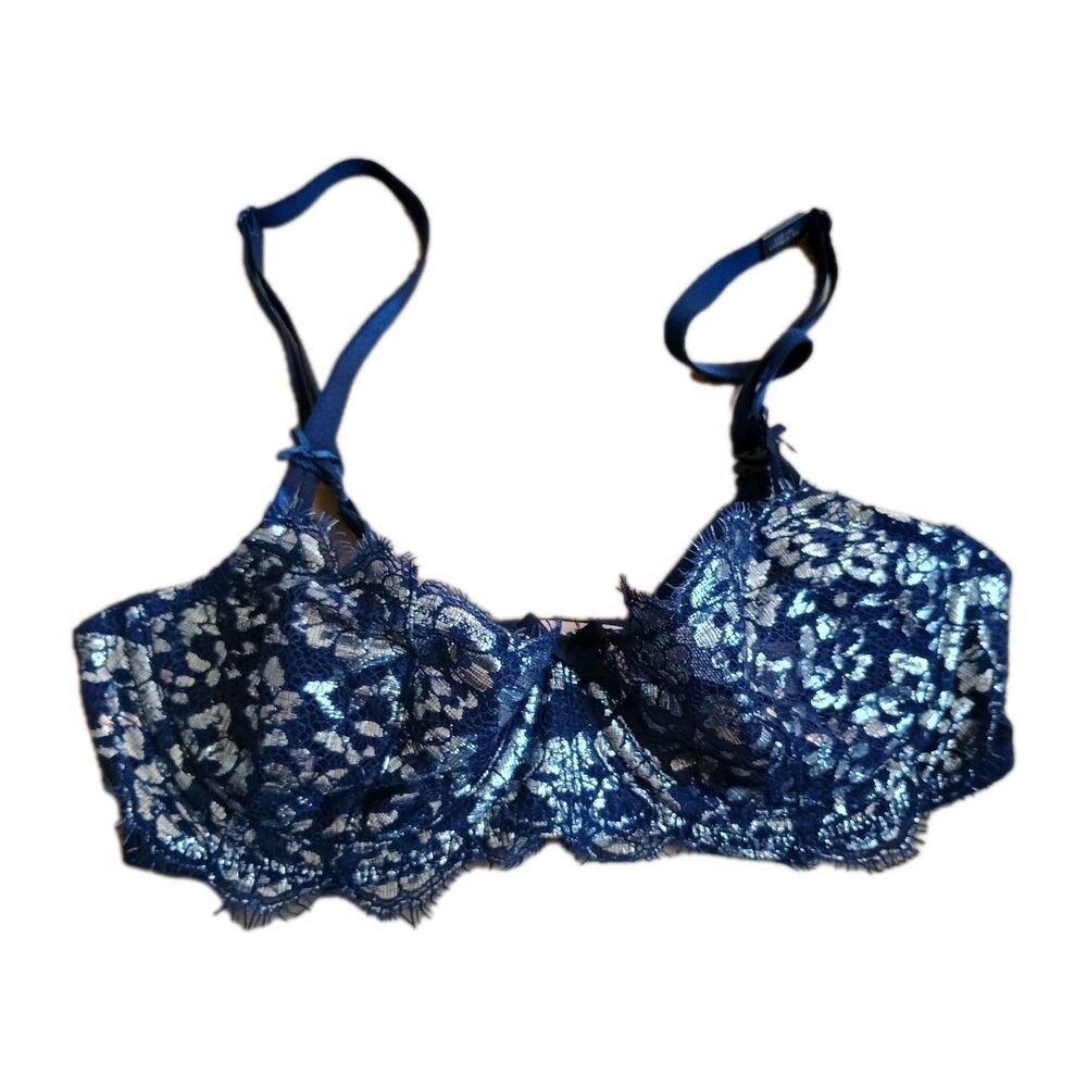 Victoria's Secret Dream Angels Ensign Blue Silver Unlined Sling Bra 32B Lace